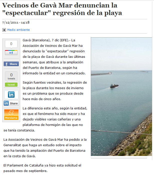 Notcia publicada al diari digital 'EL ECONOMISTA' sobre la regressi de part de la platja de Gav Mar (7 Desembre 2011)
